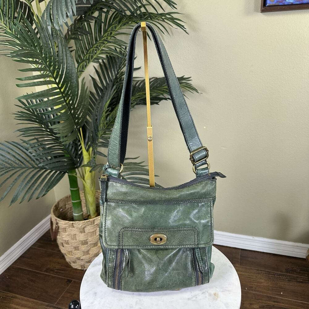 Fossil Maddox Lamb Leather Green Crossbody Brass turnkey Double zip Rare Vintage